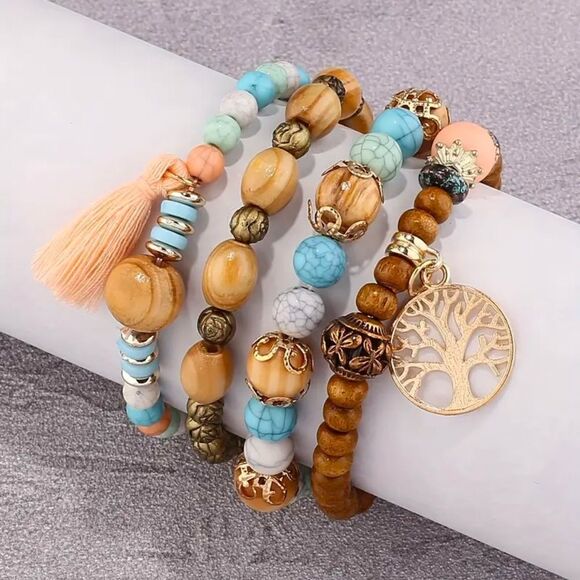 4Pcs Bohemia Tree of Life Charm Beaded Bracelet Handmade Wood Beads Chain Bangle - Picture 1 of 4